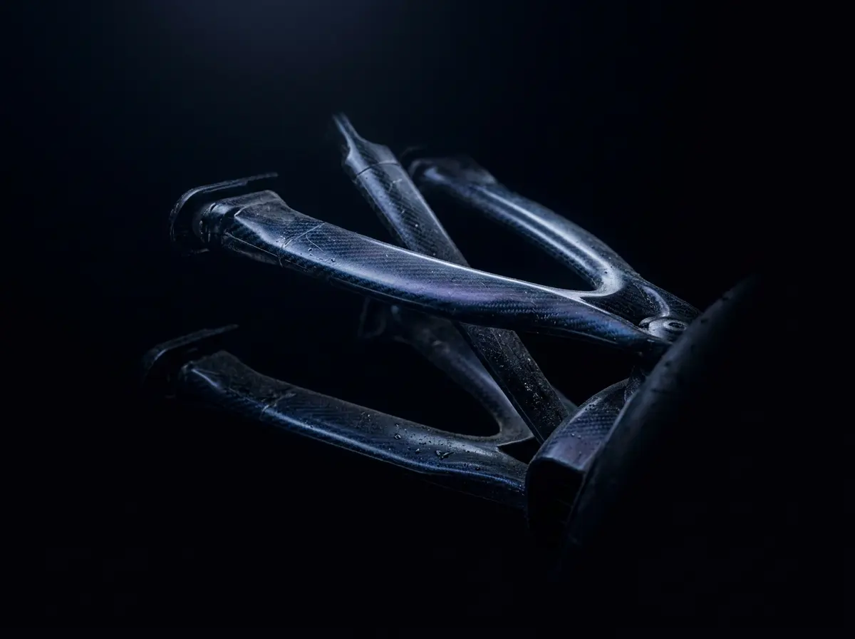 Performance car under cold blue rim light on wet asphalt night